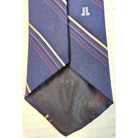 Lanvin Mens Navy Blue Striped Silk Tie With Red & Yellow Accents - Picture 7 of 8